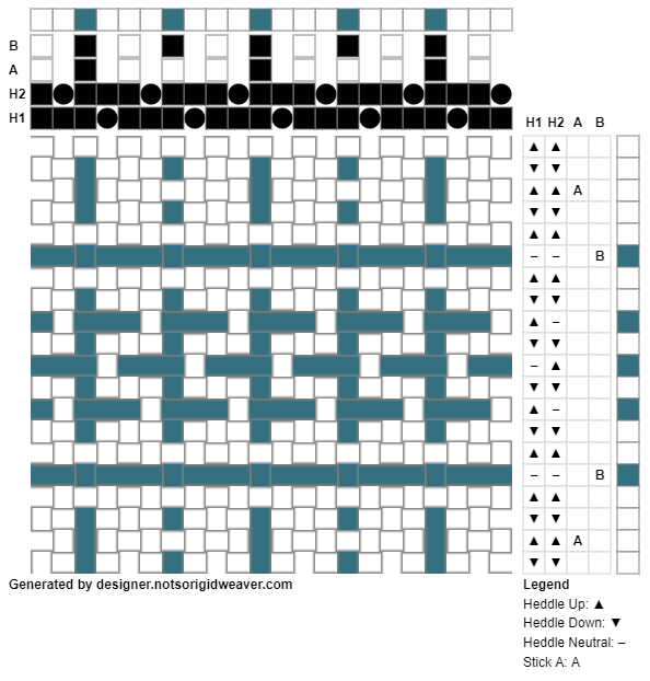 A design created in Not So Rigid Designer using 2 heddles, 2 pick up sticks, and color effects, in white and teal